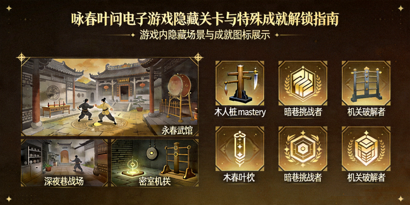 咏春叶问电子游戏隐藏关卡与特殊成就解锁指南封面图 - 游戏内隐藏场景与成就图标展示