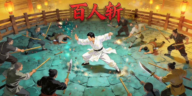 隐藏关卡‘百人斩’场景图 - 叶问在演武场上被众多敌人包围的战斗全景