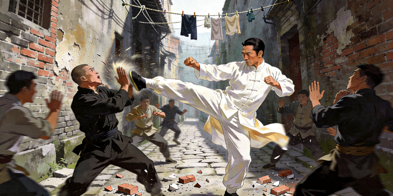 隐藏关卡‘佛山无影脚’场景图 - 叶问在狭窄的巷道中与多名对手交战的动态瞬间