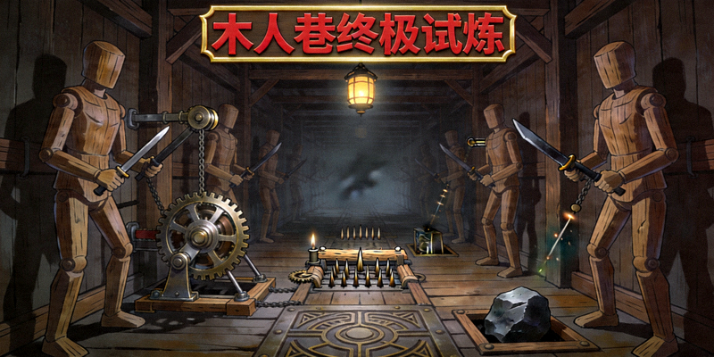 隐藏关卡‘木人巷终极试炼’场景图 - 一个布满复杂机关的木人巷长廊