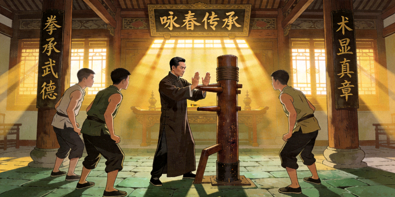 隐藏关卡‘咏春传承者’场景图 - 叶问在祠堂内向年轻弟子演示木人桩法的庄严时刻