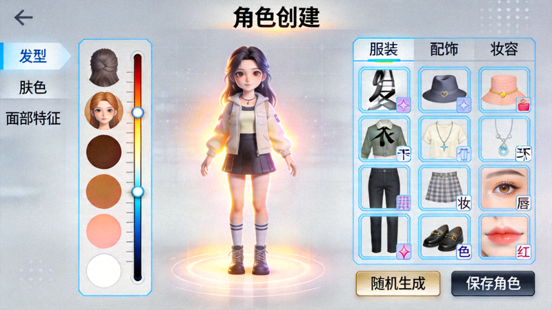 游戏角色创建界面截图 - 展示不同服装与外观选项